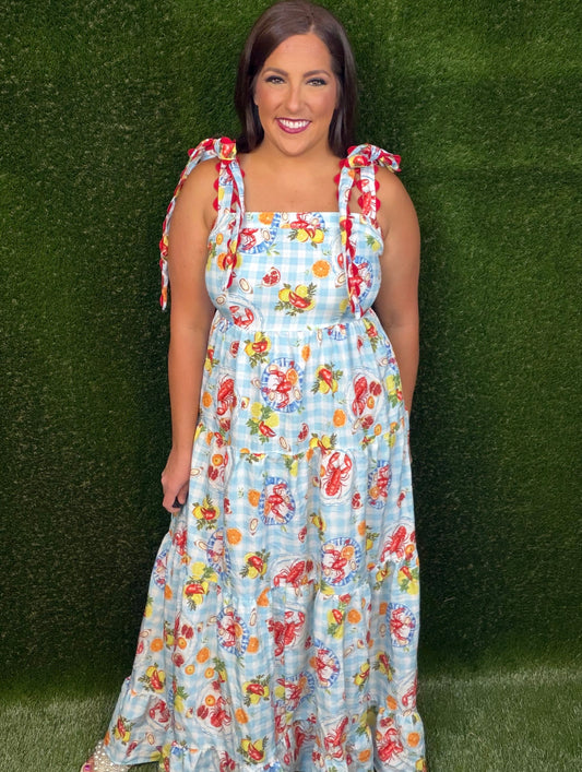 Seafood Boil Gingham Dress - Sky Blue