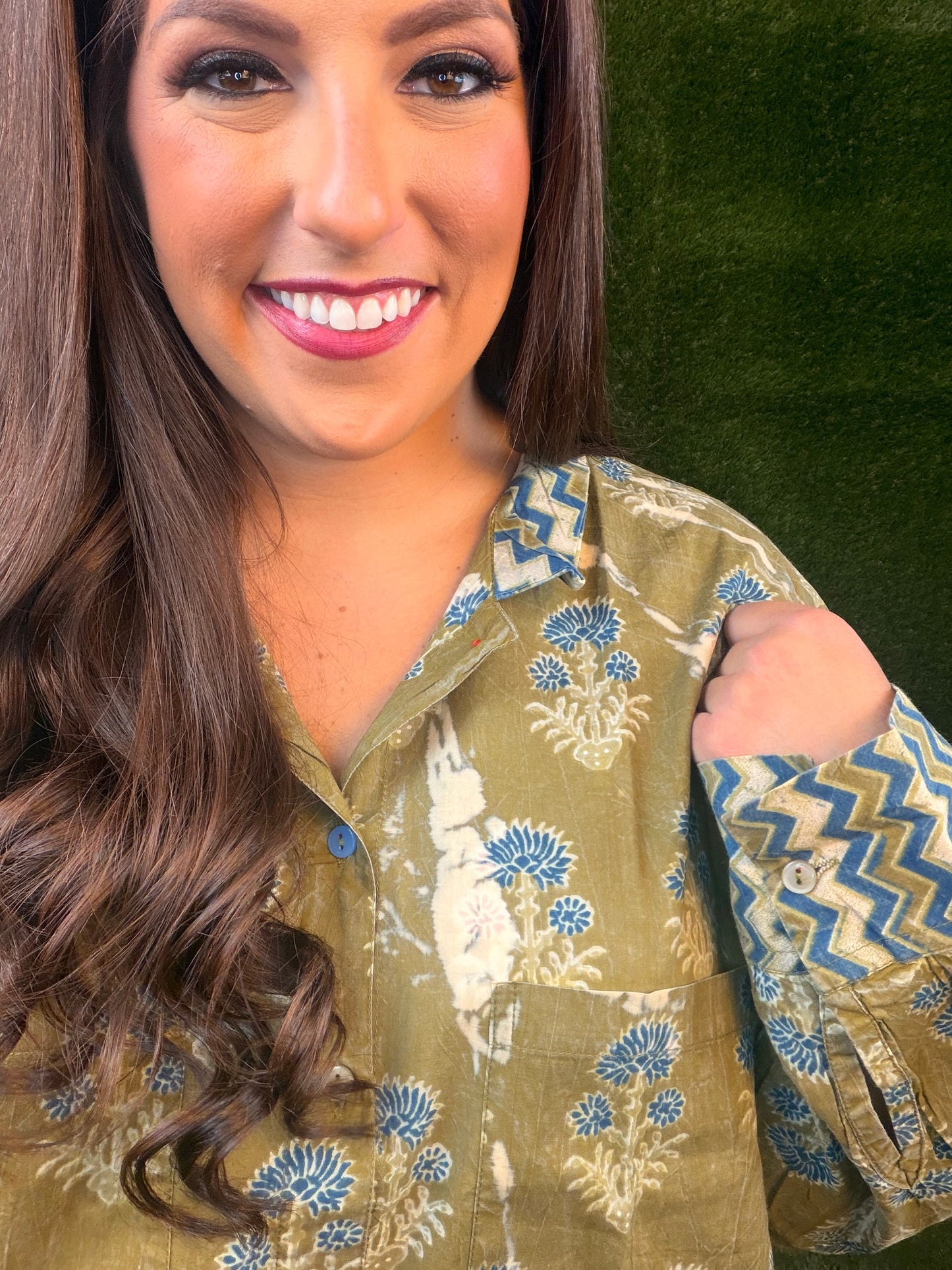 Peaceful Fields Button-Up Shirt - Olive Green with blue flowers