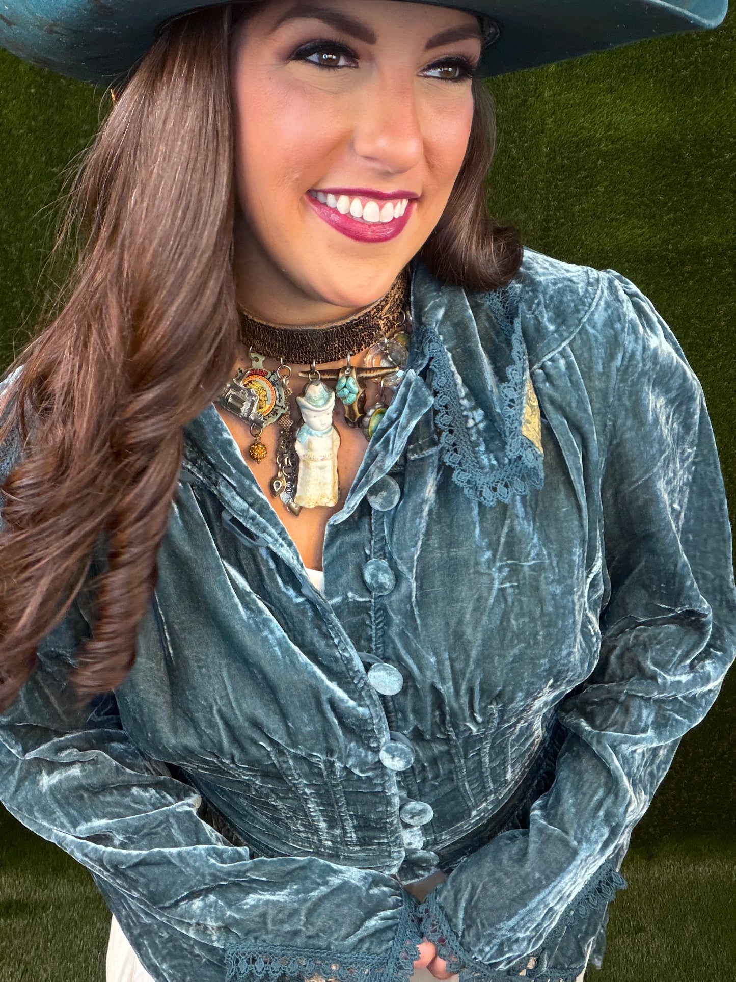 Afternoon Promenade Velvet Jacket - Teal