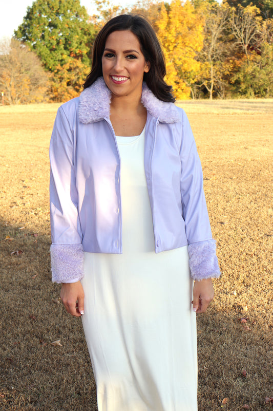 Faux Leather Removable Fur Collared Jacket - Lavender