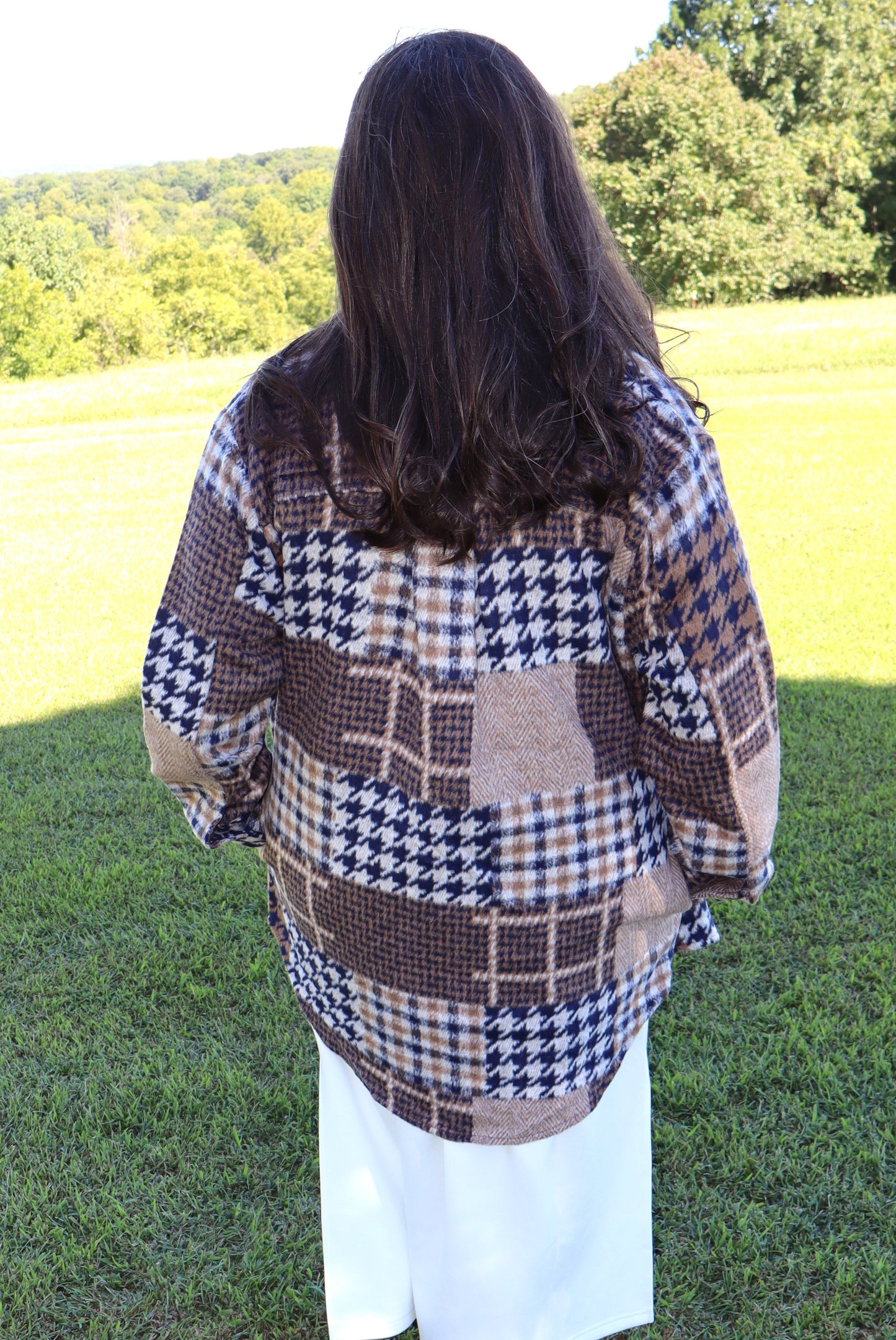 Fireside Coziness Houndstooth Plaid Shacket - Navy/Brown Mix