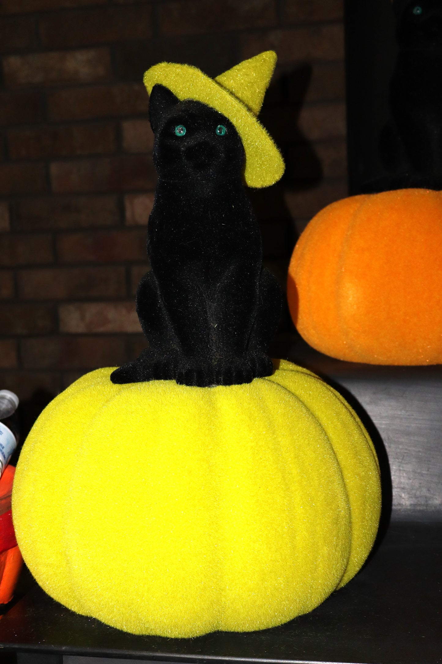 Flocked Cat on Pumpkin w/ Hat