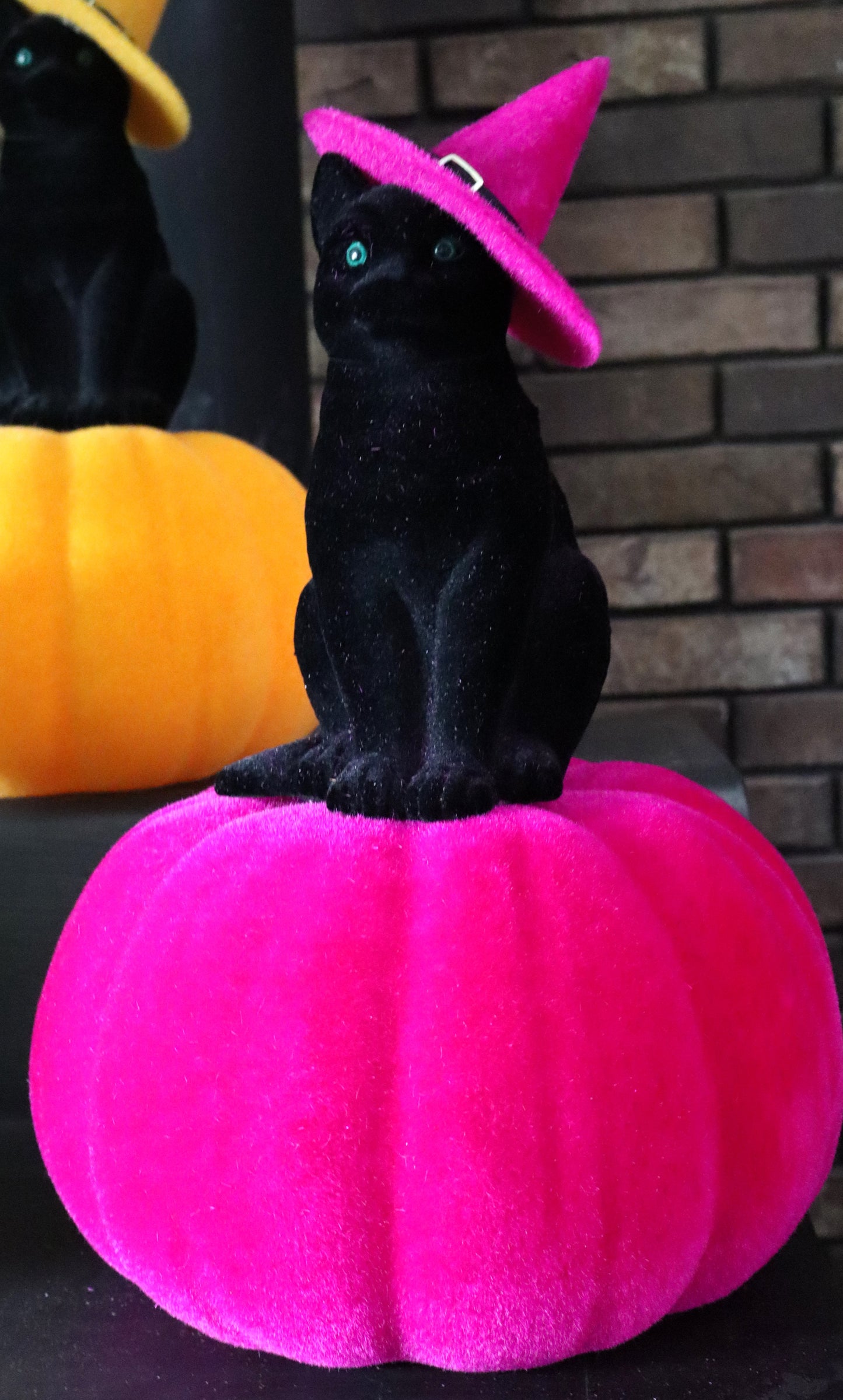Flocked Cat on Pumpkin w/ Hat