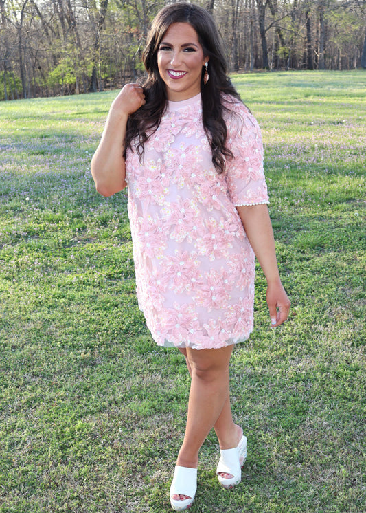 Floral Embroidery Short Dress - Pink