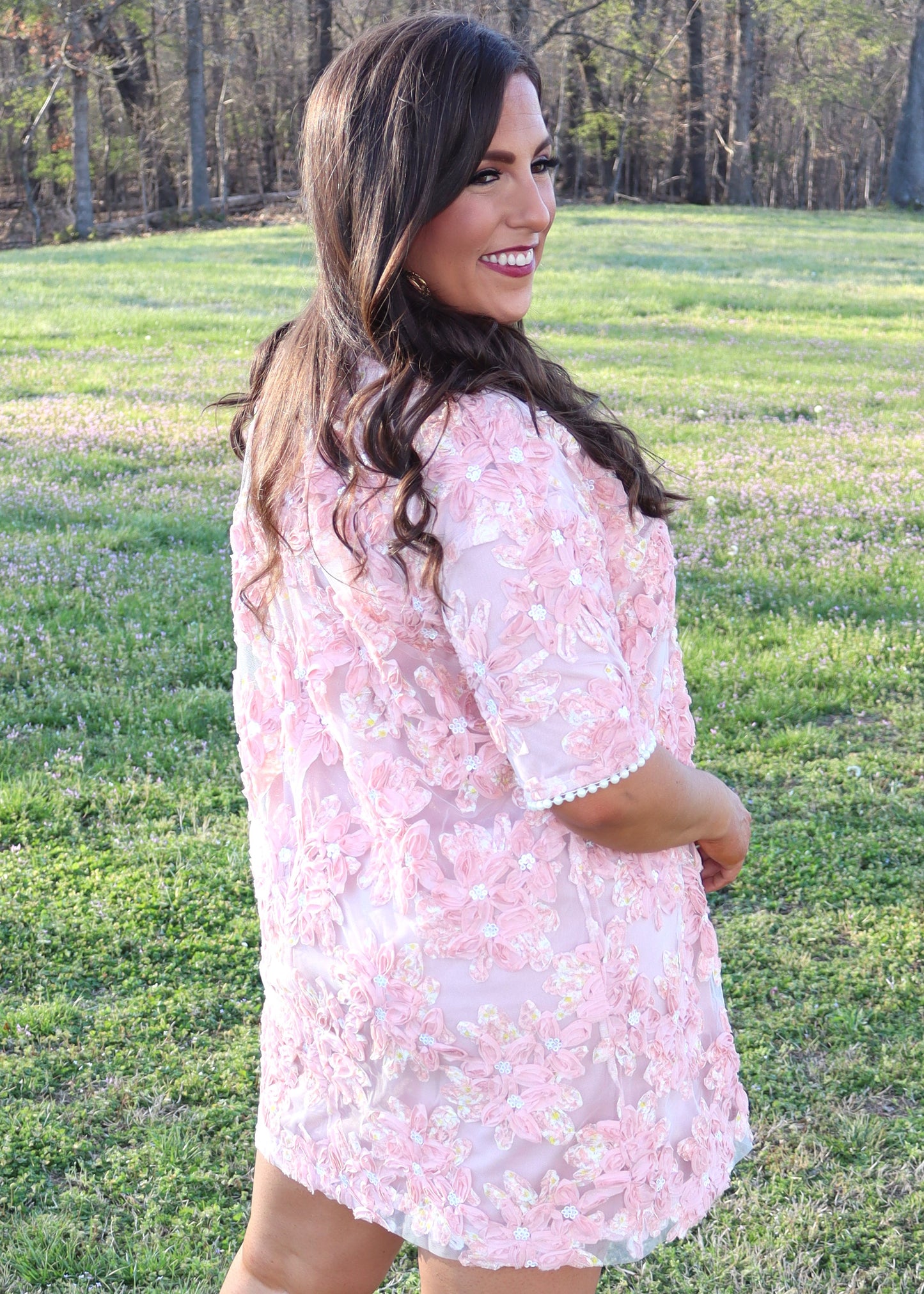 Floral Embroidery Short Dress - Pink