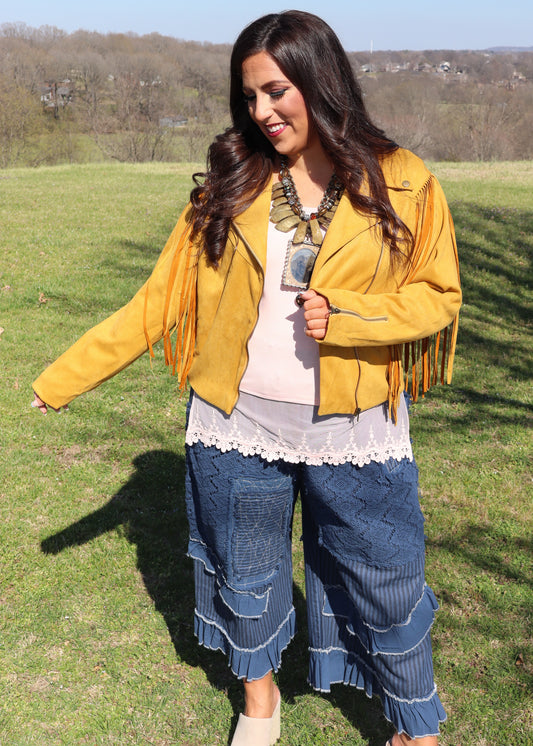 Fringe Back Suede Moto Jacket - Mustard