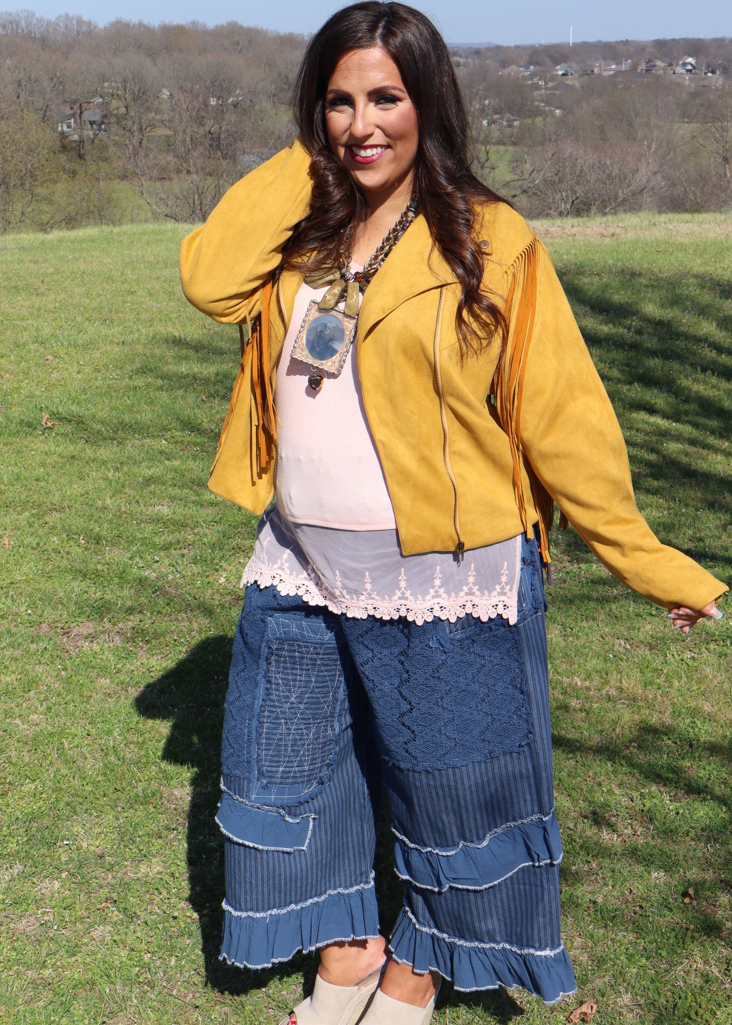 Fringe Back Suede Moto Jacket - Mustard
