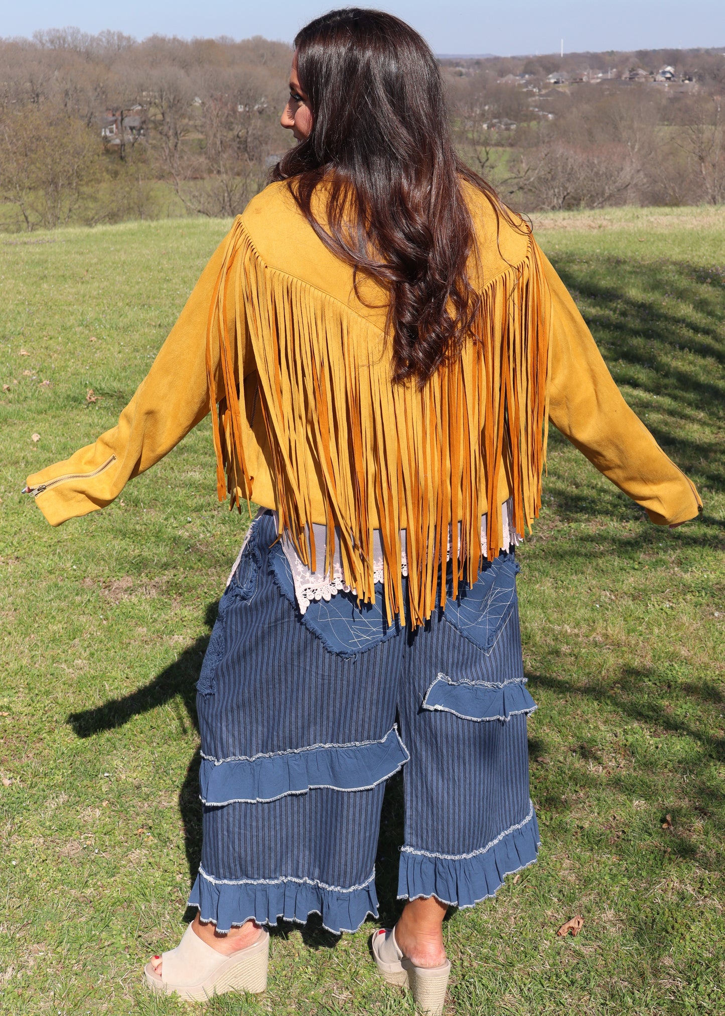 Fringe Back Suede Moto Jacket - Mustard