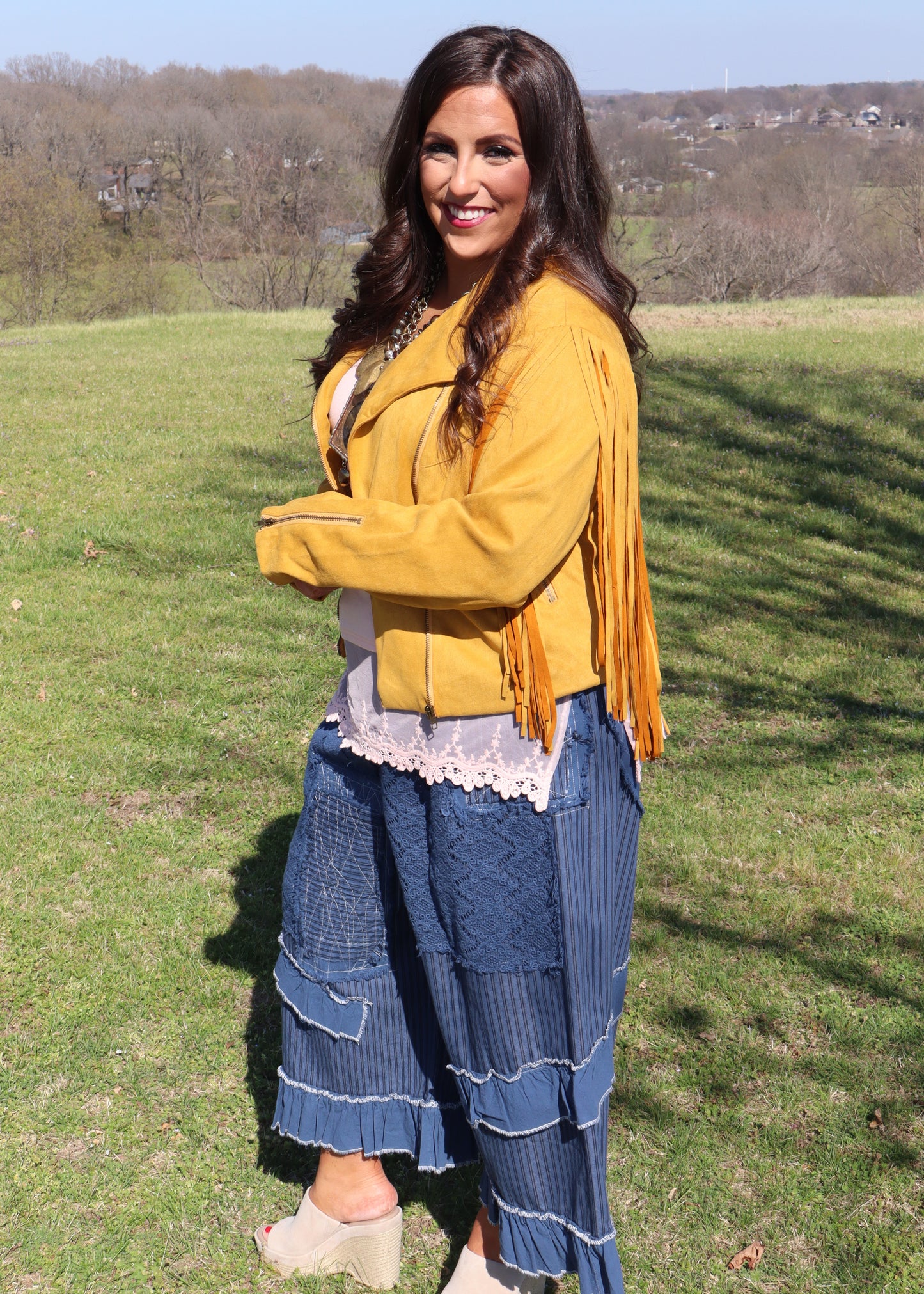 Fringe Back Suede Moto Jacket - Mustard