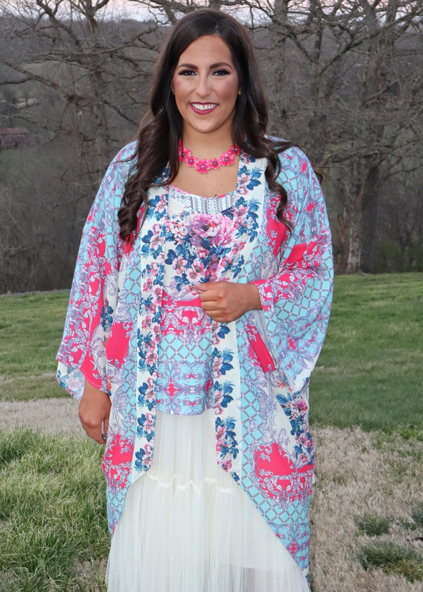 Garden Dreams Tank/Kimono Set - Turquoise and Dark Coral