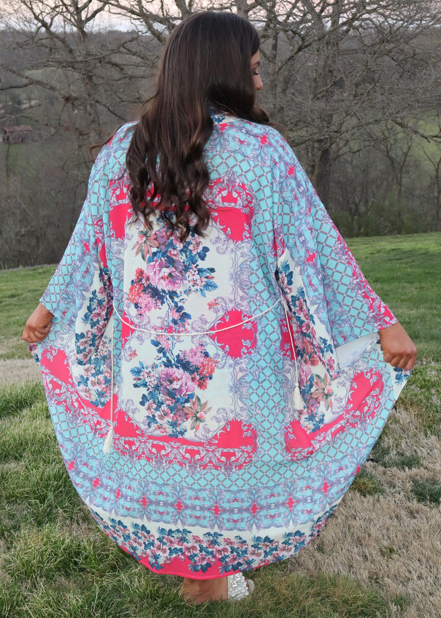 Garden Dreams Tank/Kimono Set - Turquoise and Dark Coral