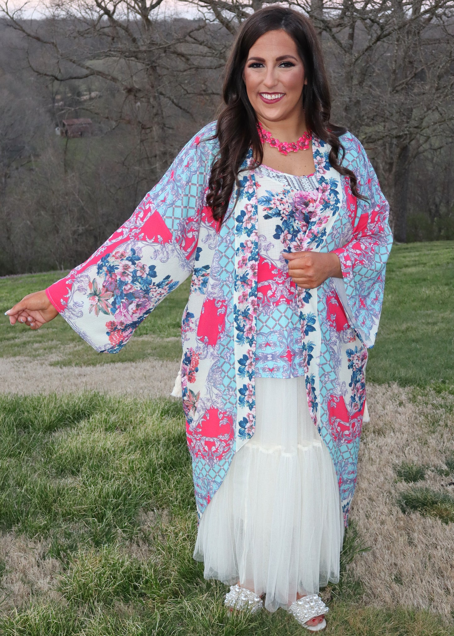 Garden Dreams Tank/Kimono Set - Turquoise and Dark Coral