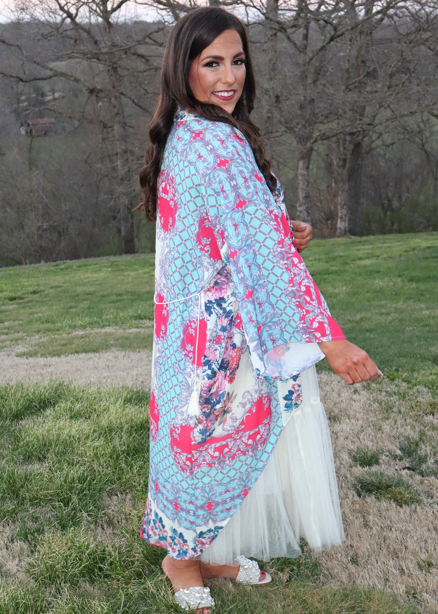 Garden Dreams Tank/Kimono Set - Turquoise and Dark Coral