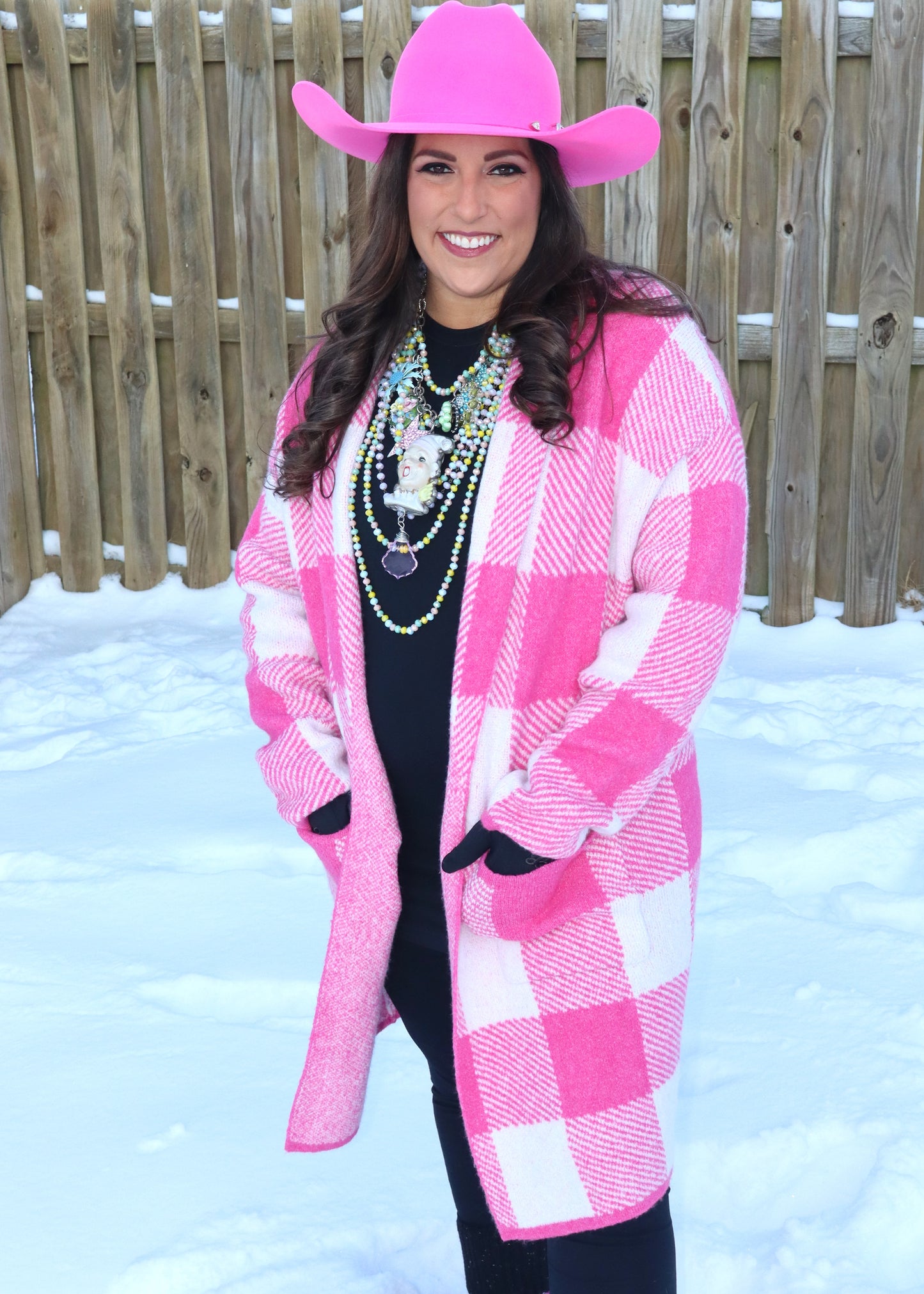 Gingham Pattern Soft Pocket Front Open Cardigan Sweater - Pink