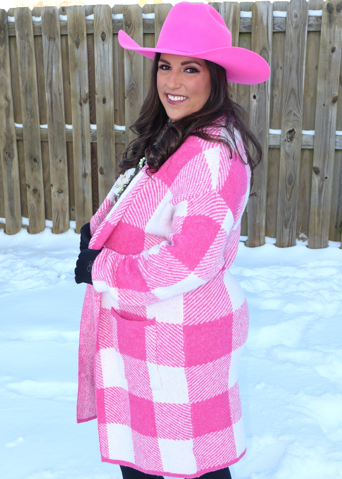 Gingham Pattern Soft Pocket Front Open Cardigan Sweater - Pink