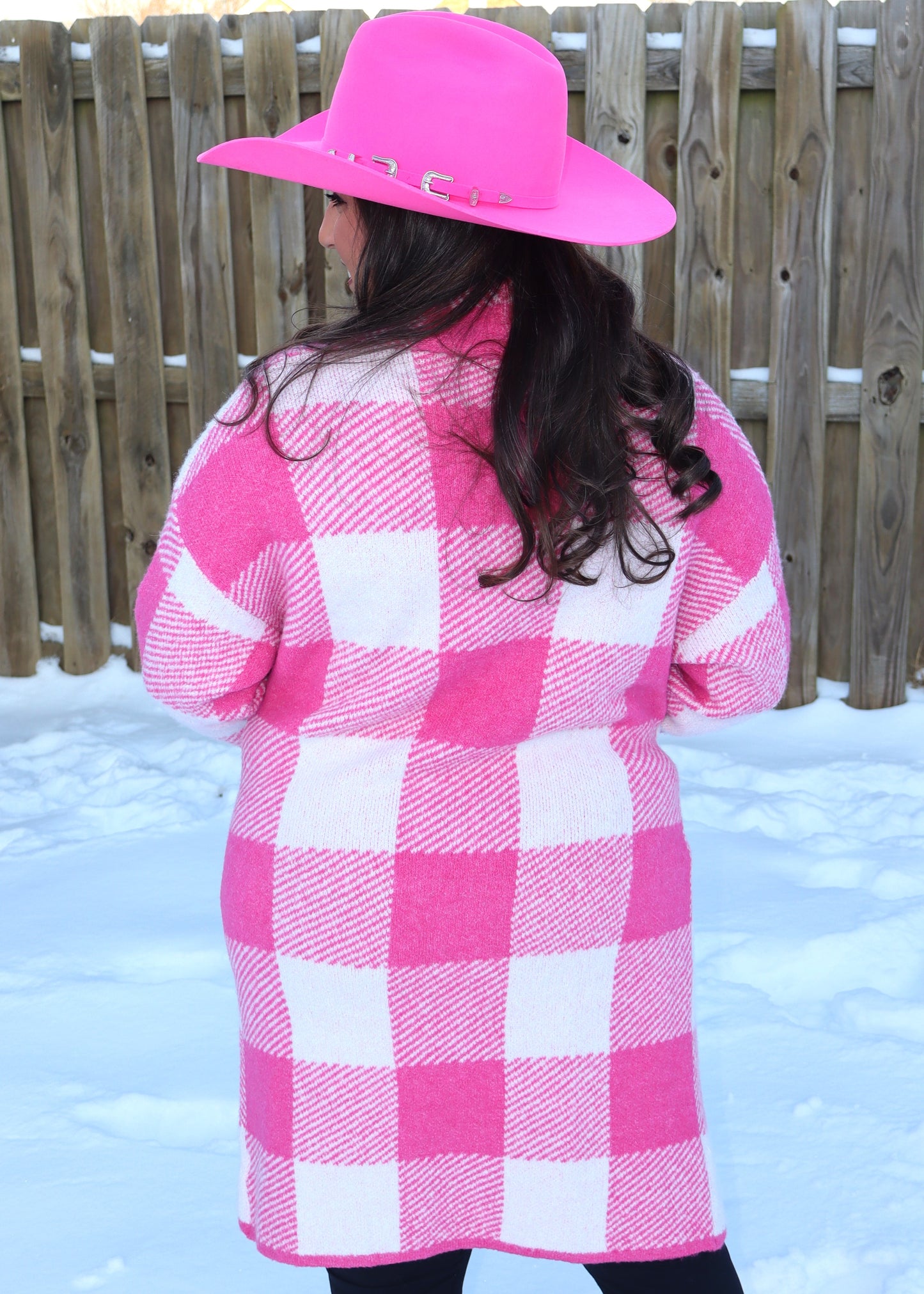 Gingham Pattern Soft Pocket Front Open Cardigan Sweater - Pink