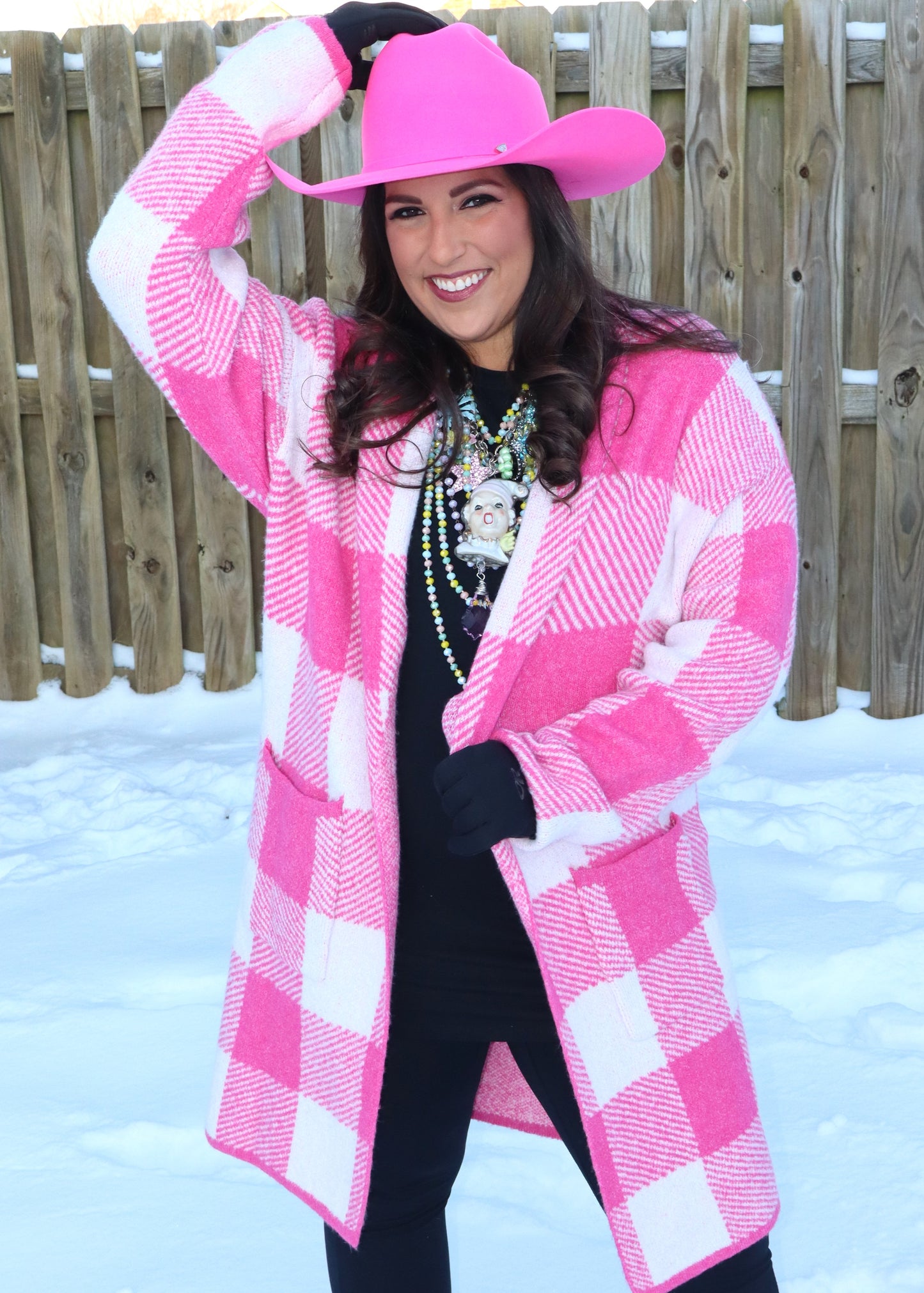 Gingham Pattern Soft Pocket Front Open Cardigan Sweater - Pink