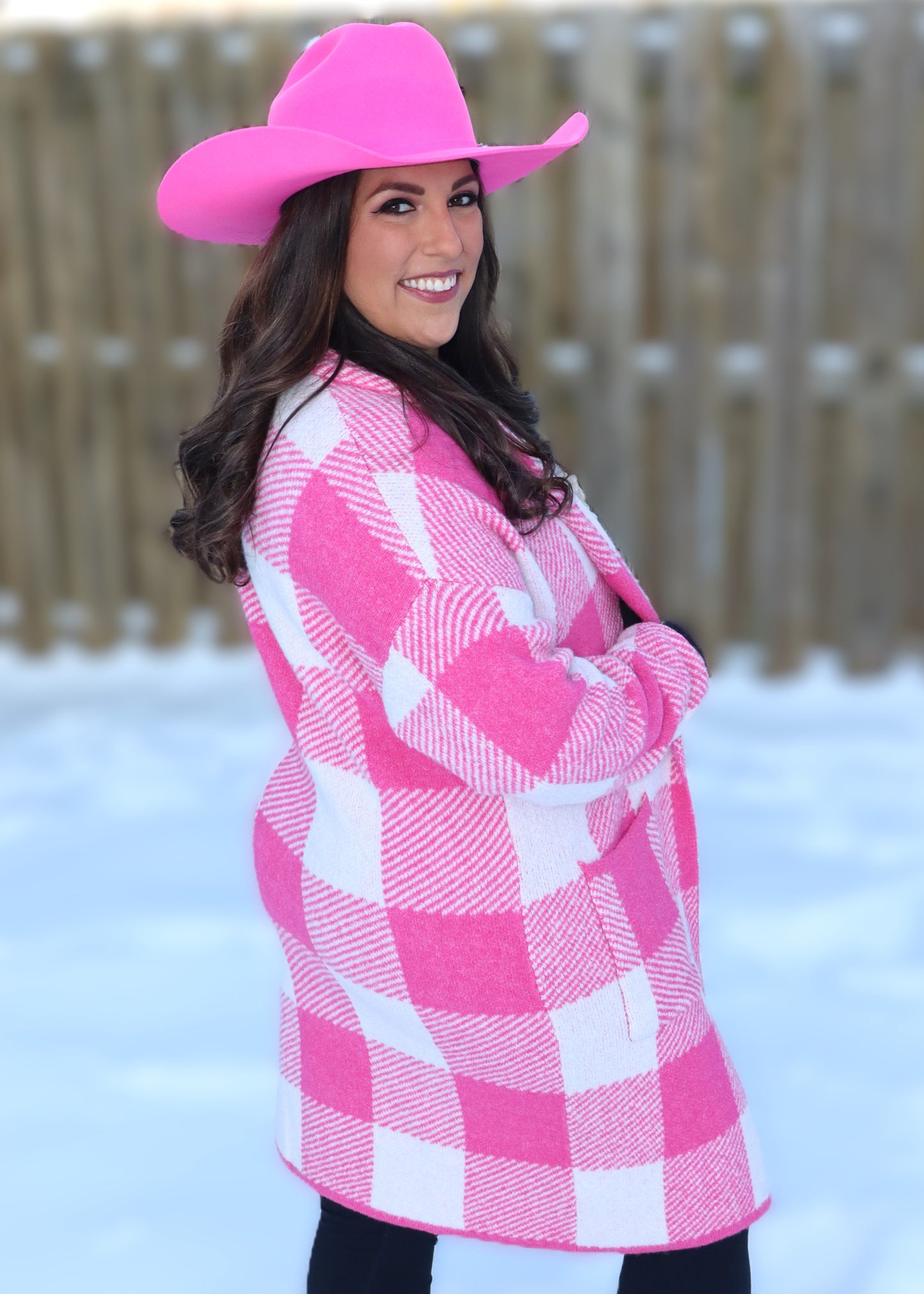 Gingham Pattern Soft Pocket Front Open Cardigan Sweater - Pink