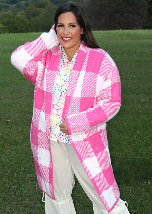 Gingham Pattern Soft Pocket Front Open Cardigan Sweater - Pink