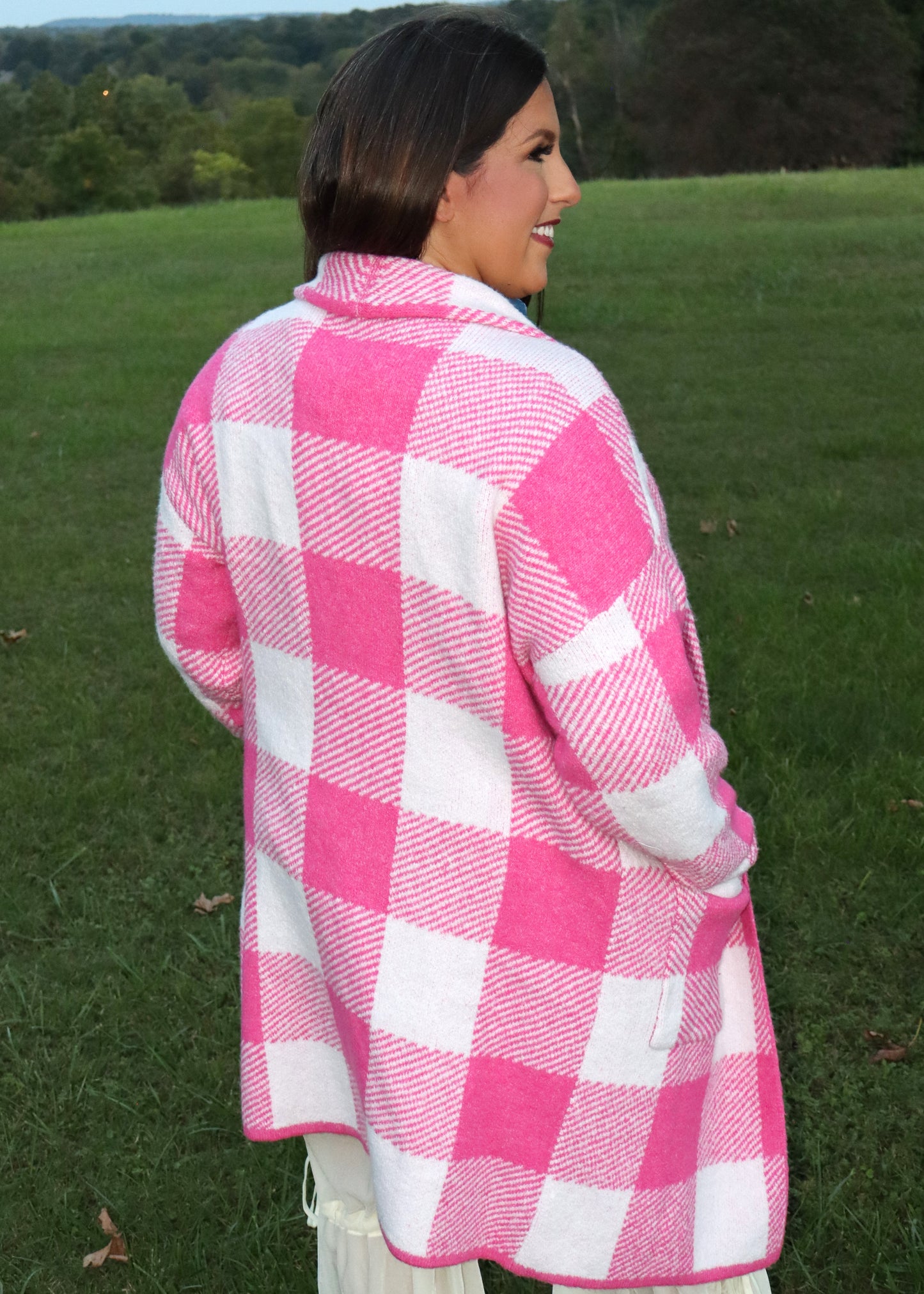 Gingham Pattern Soft Pocket Front Open Cardigan Sweater - Pink