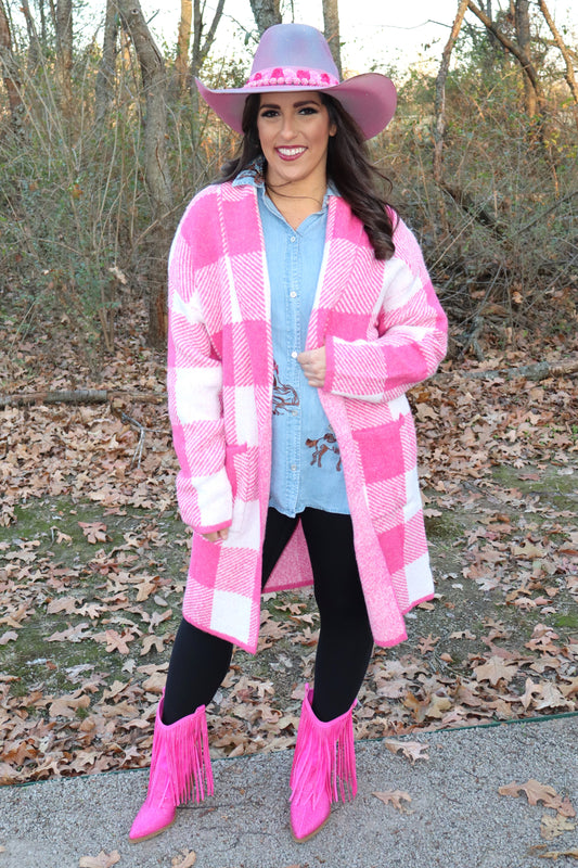 Gingham Pattern Soft Pocket Front Open Cardigan Sweater - Pink