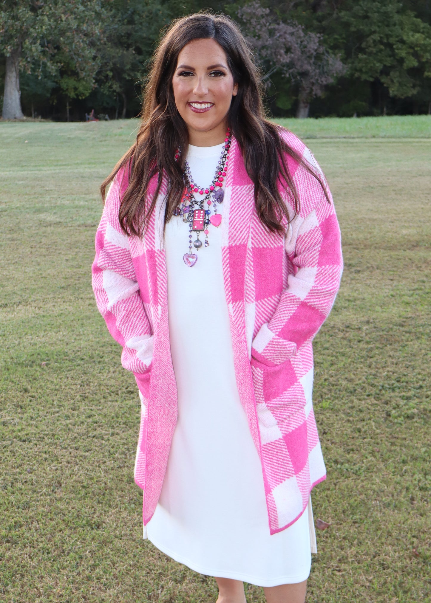 Gingham Pattern Soft Pocket Front Open Cardigan Sweater - Pink