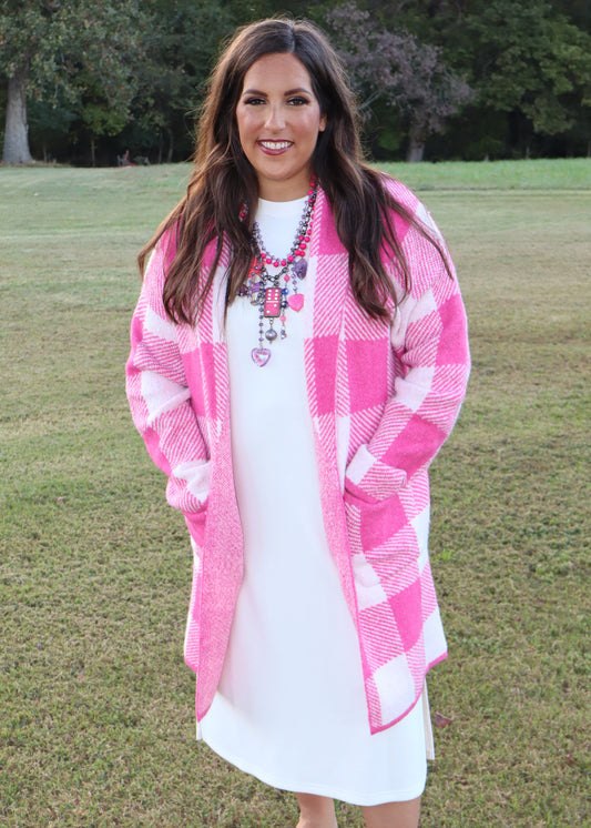 Gingham Pattern Soft Pocket Front Open Cardigan Sweater - Pink
