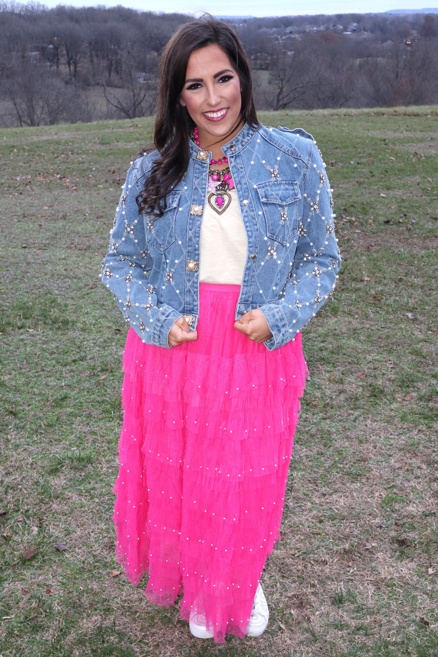 Pearl Embellished Maxi Tulle Skirt - Hot Pink