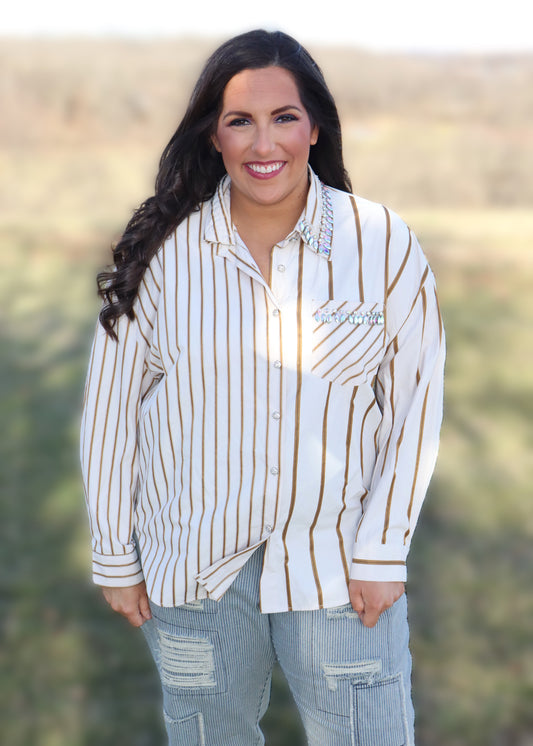 I Mean Business Button-Up - Gold Pinstripe