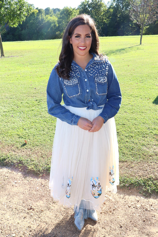 Lady In Pearls Denim Button-Up