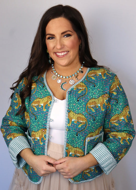 Leopard Quilted Jacket - Teal