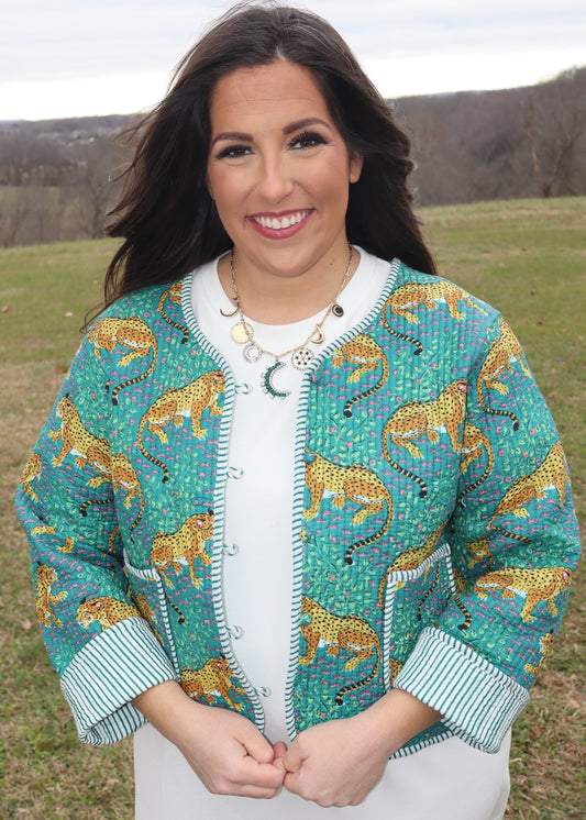 Leopard Quilted Jacket - Teal