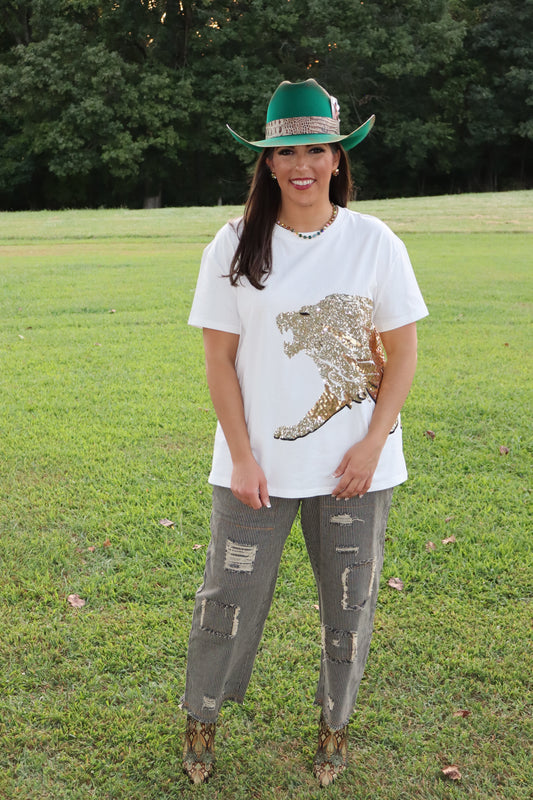 Sequin Embroidered Lion Graphic Tee - White