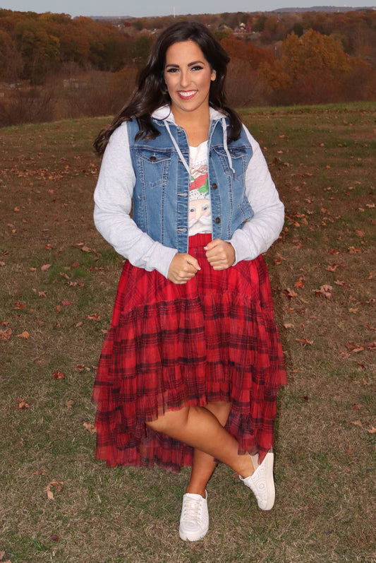 Mad Plaid High-Low Tulle Skirt - Red