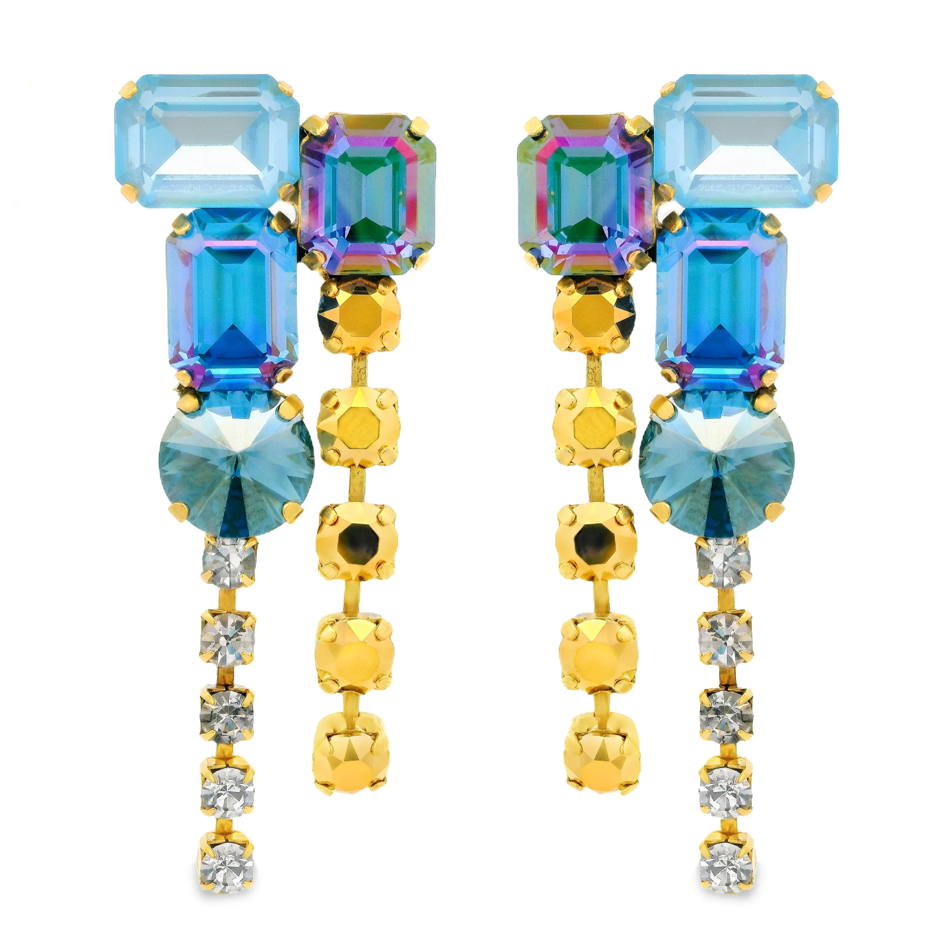 Elegant chandelier earrings with various shades of blue and gold Swarovski crystals on a white background
