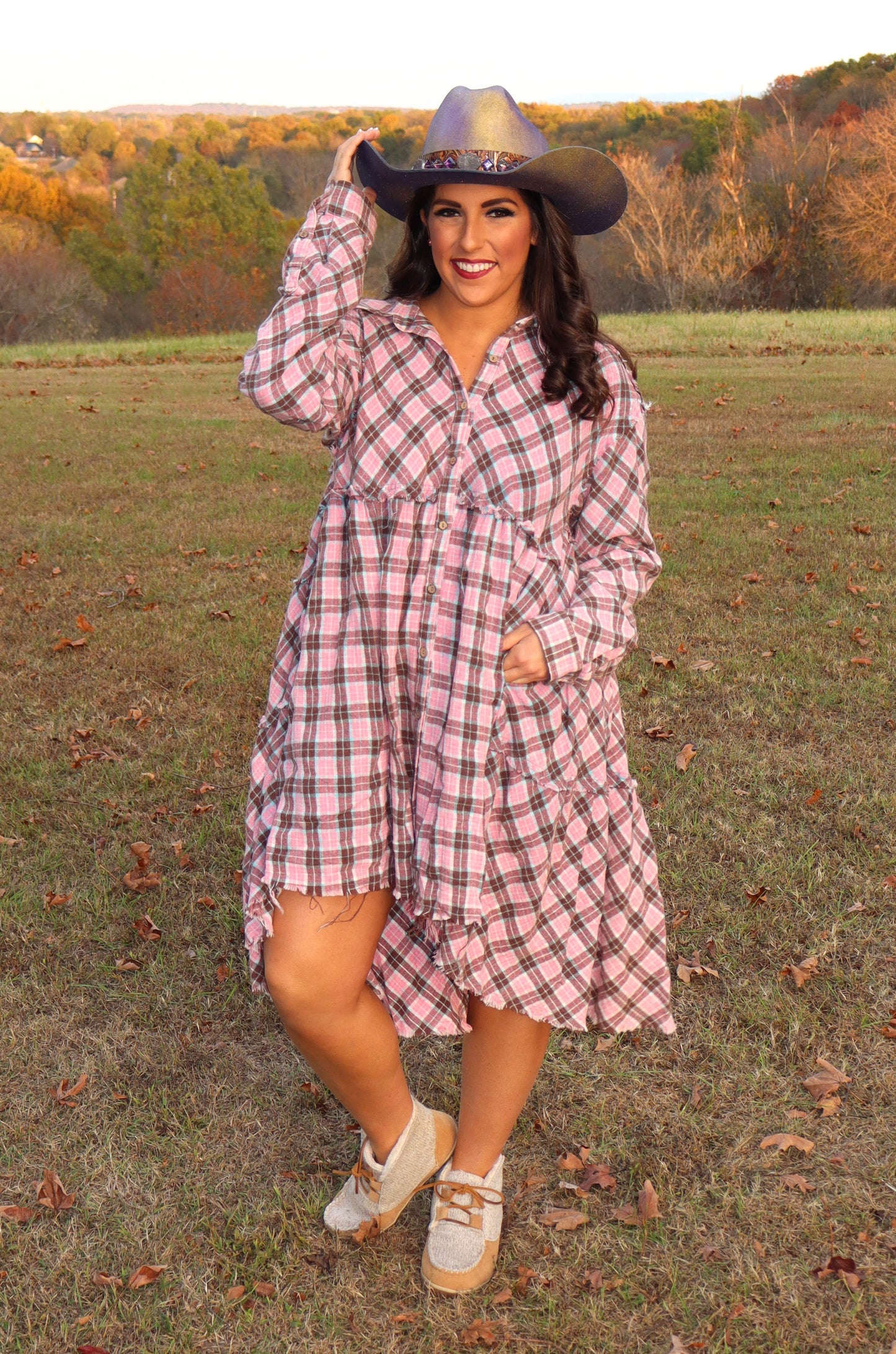 Tiered Check Plaid Dress - Pink/Light Aqua Blue