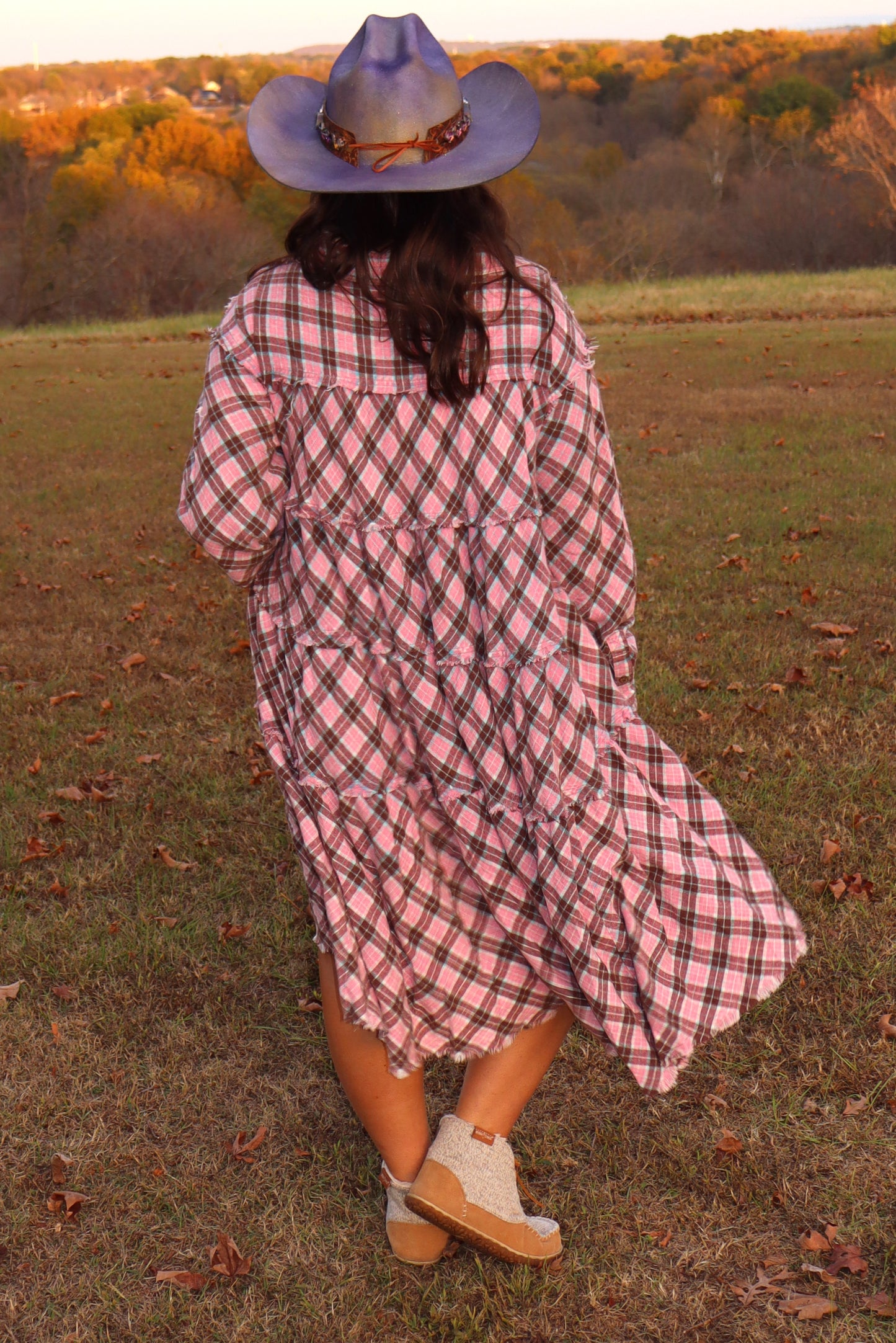 Tiered Check Plaid Dress - Pink/Light Aqua Blue