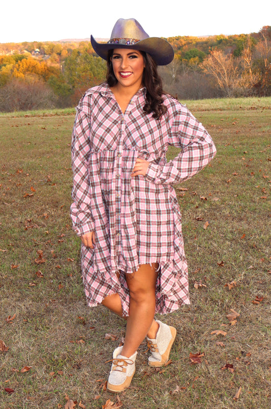 Tiered Check Plaid Dress - Pink/Light Aqua Blue