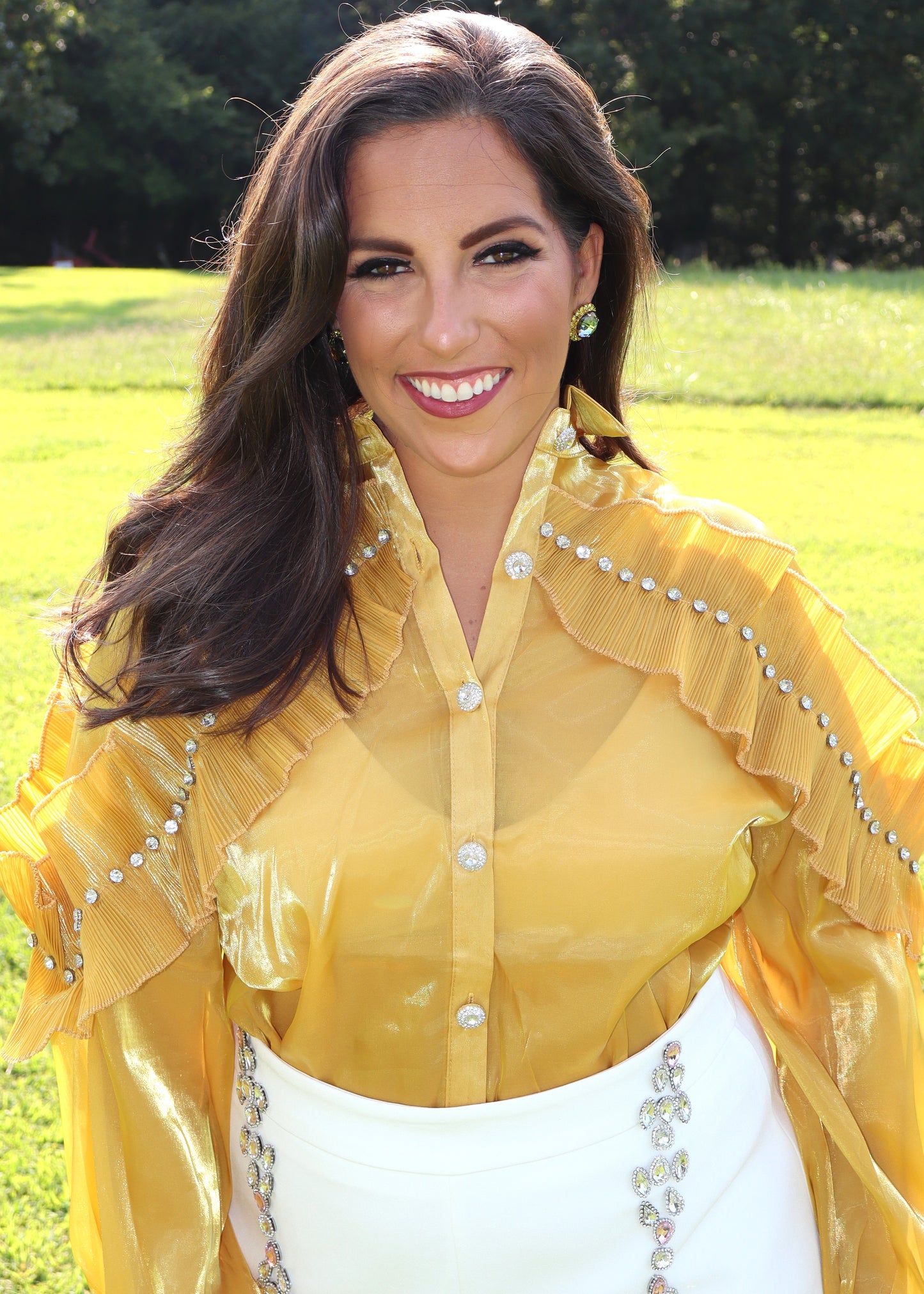 Mustard Gold Shimmer Ruffle Top