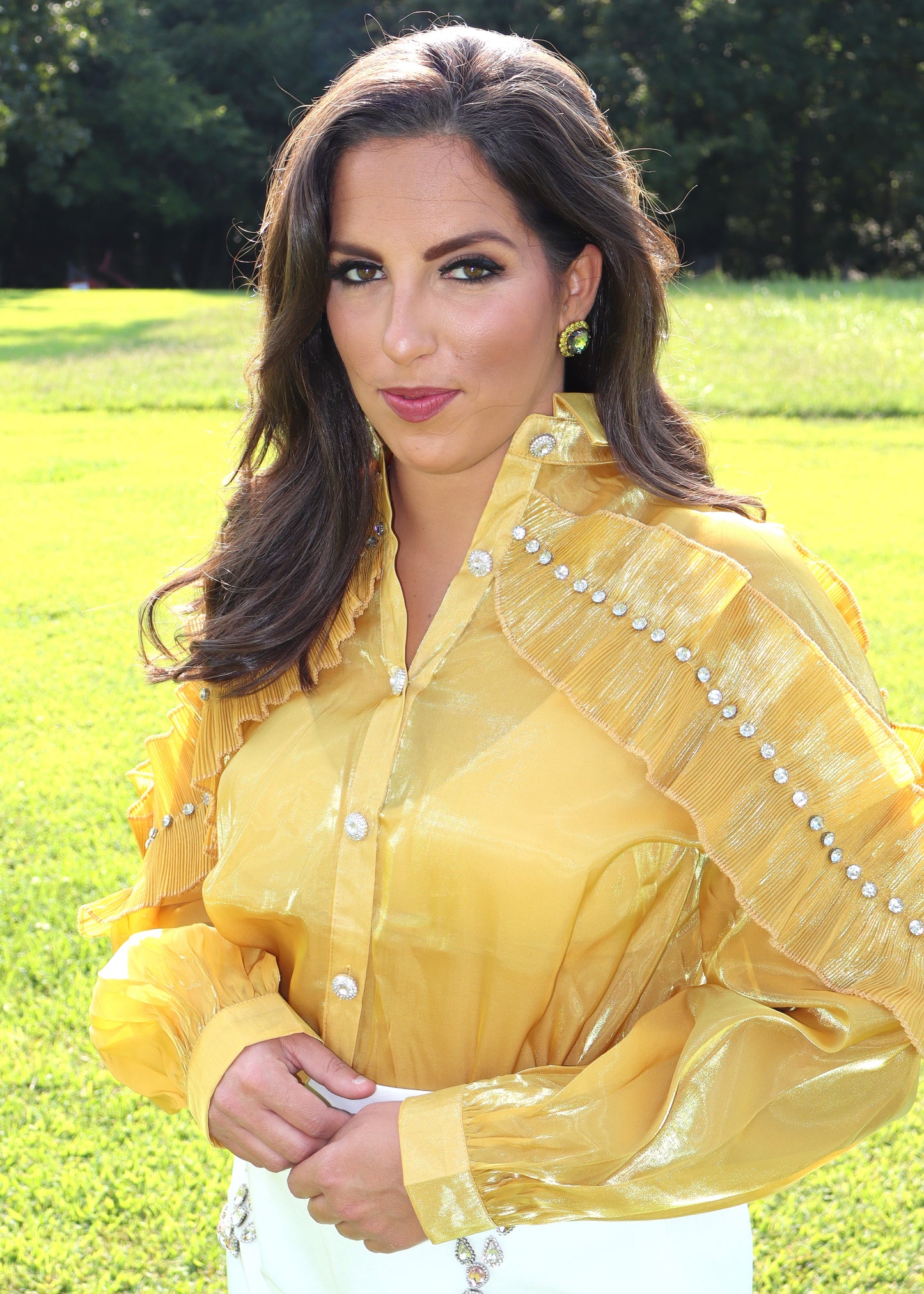 Mustard Gold Shimmer Ruffle Top