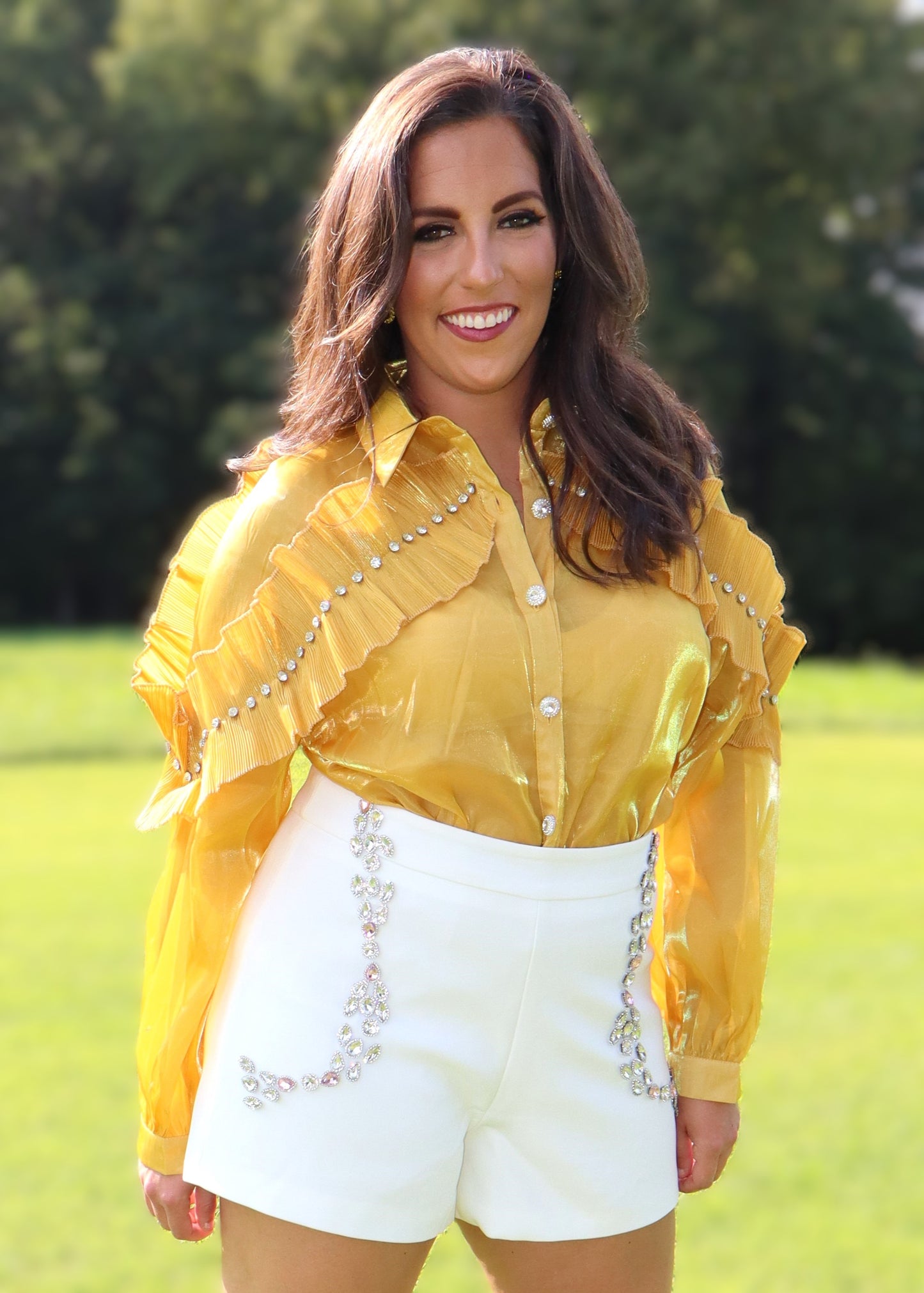 Mustard Gold Shimmer Ruffle Top