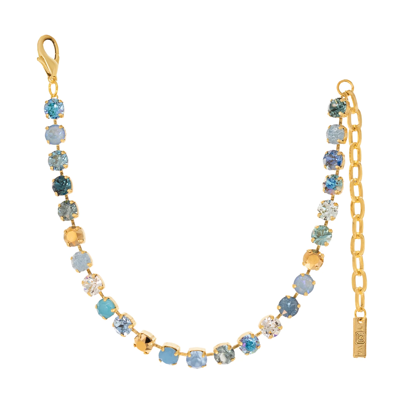 Gold-plated necklace with blue and gold, round, Swarovski crystals on a white background