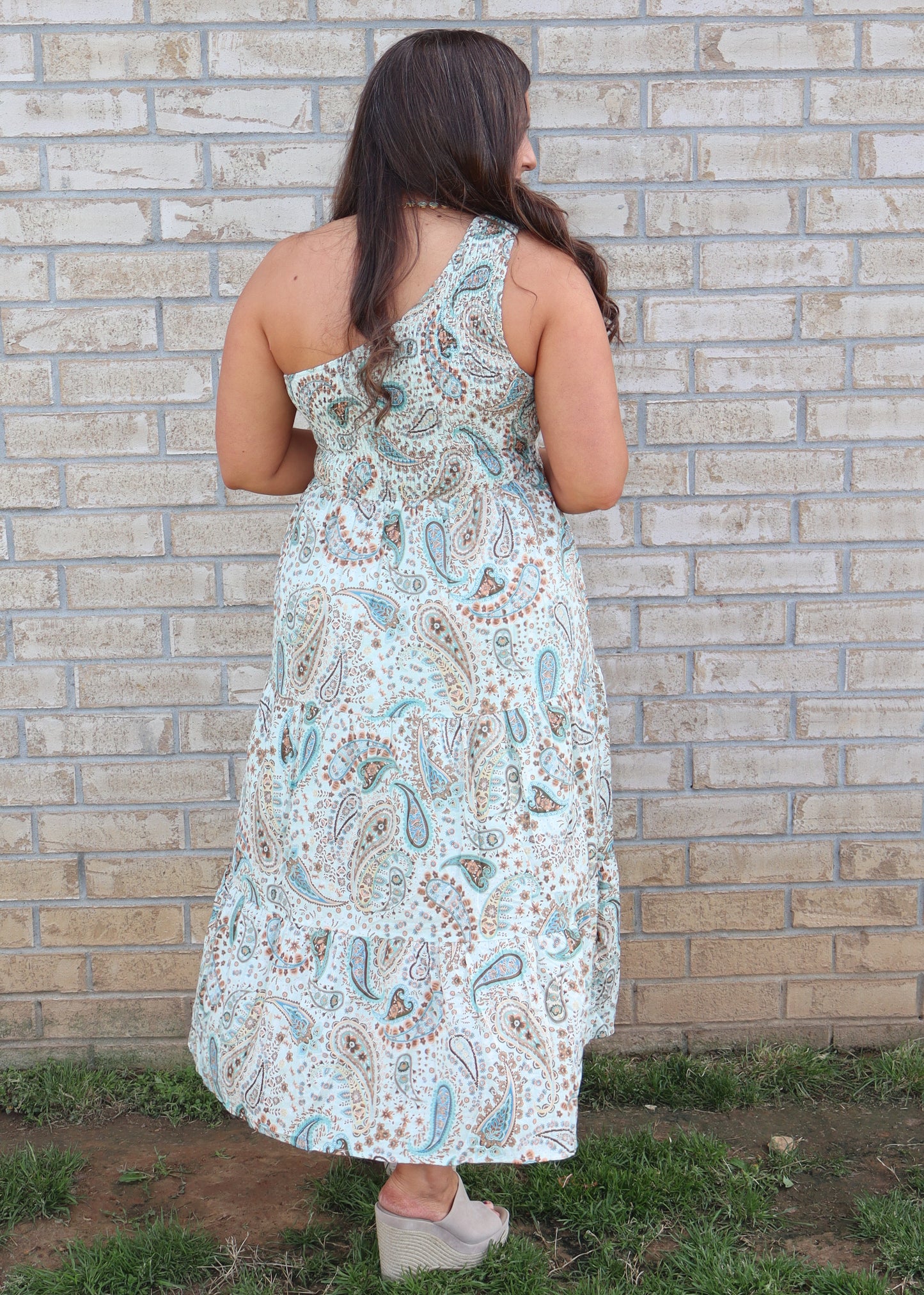 One shoulder Paisley Midi Dress - Mint