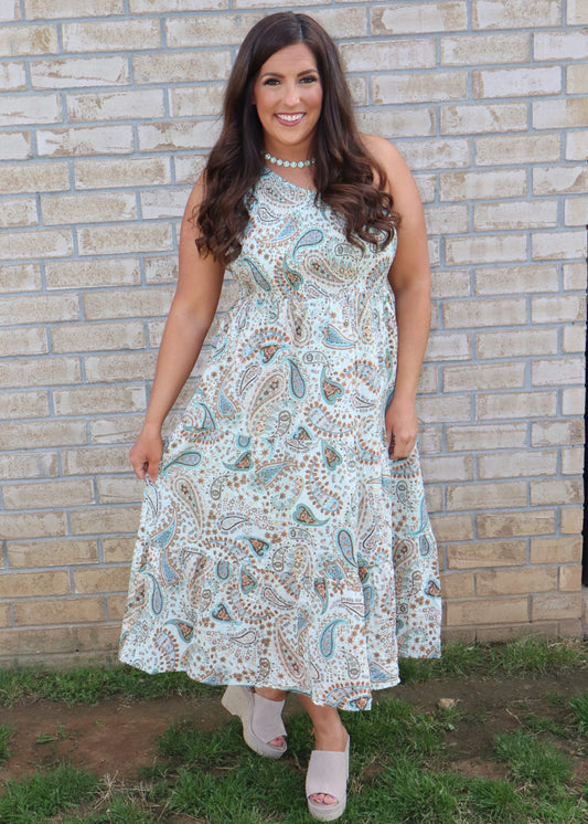 One shoulder Paisley Midi Dress - Mint