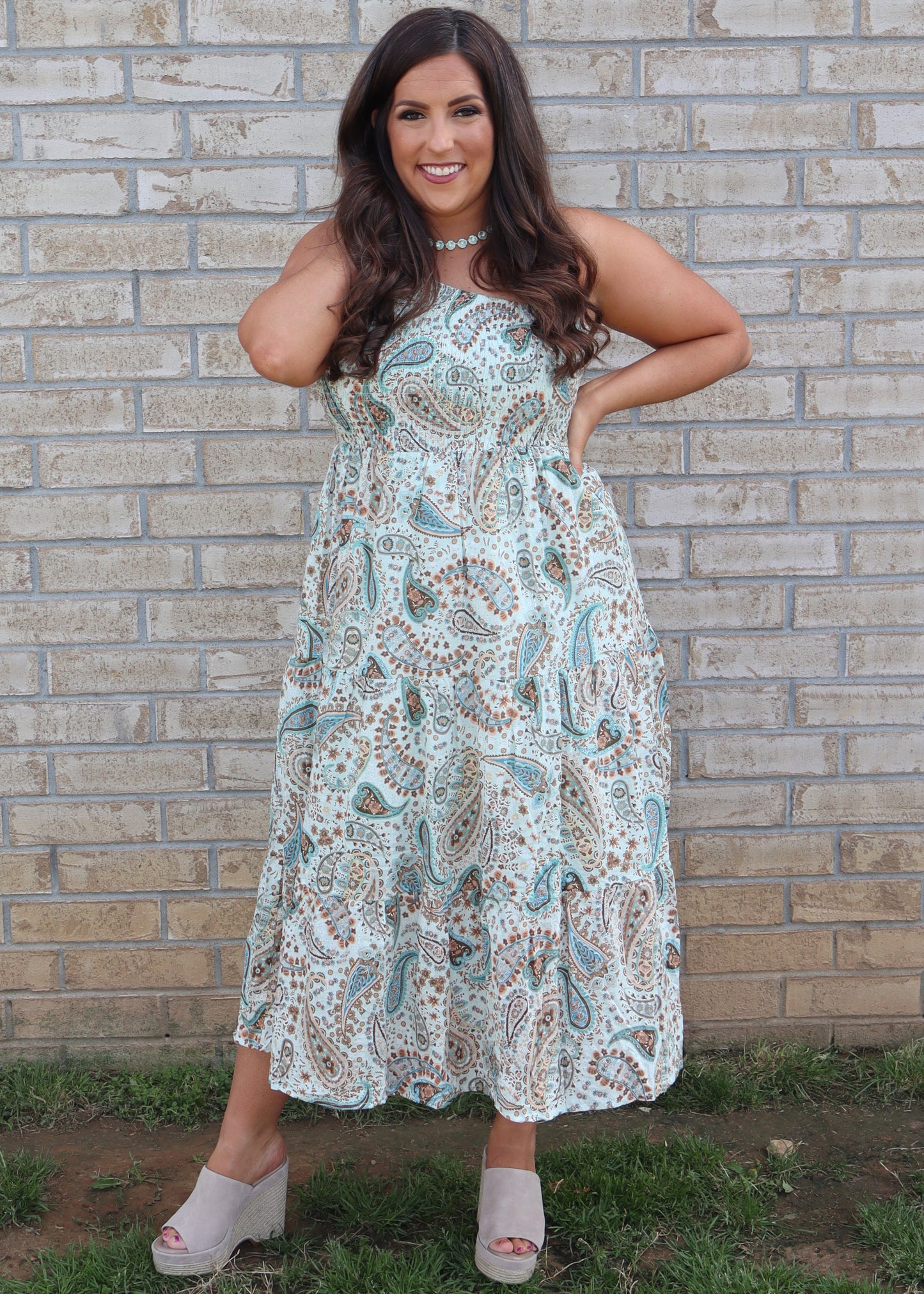 One shoulder Paisley Midi Dress - Mint