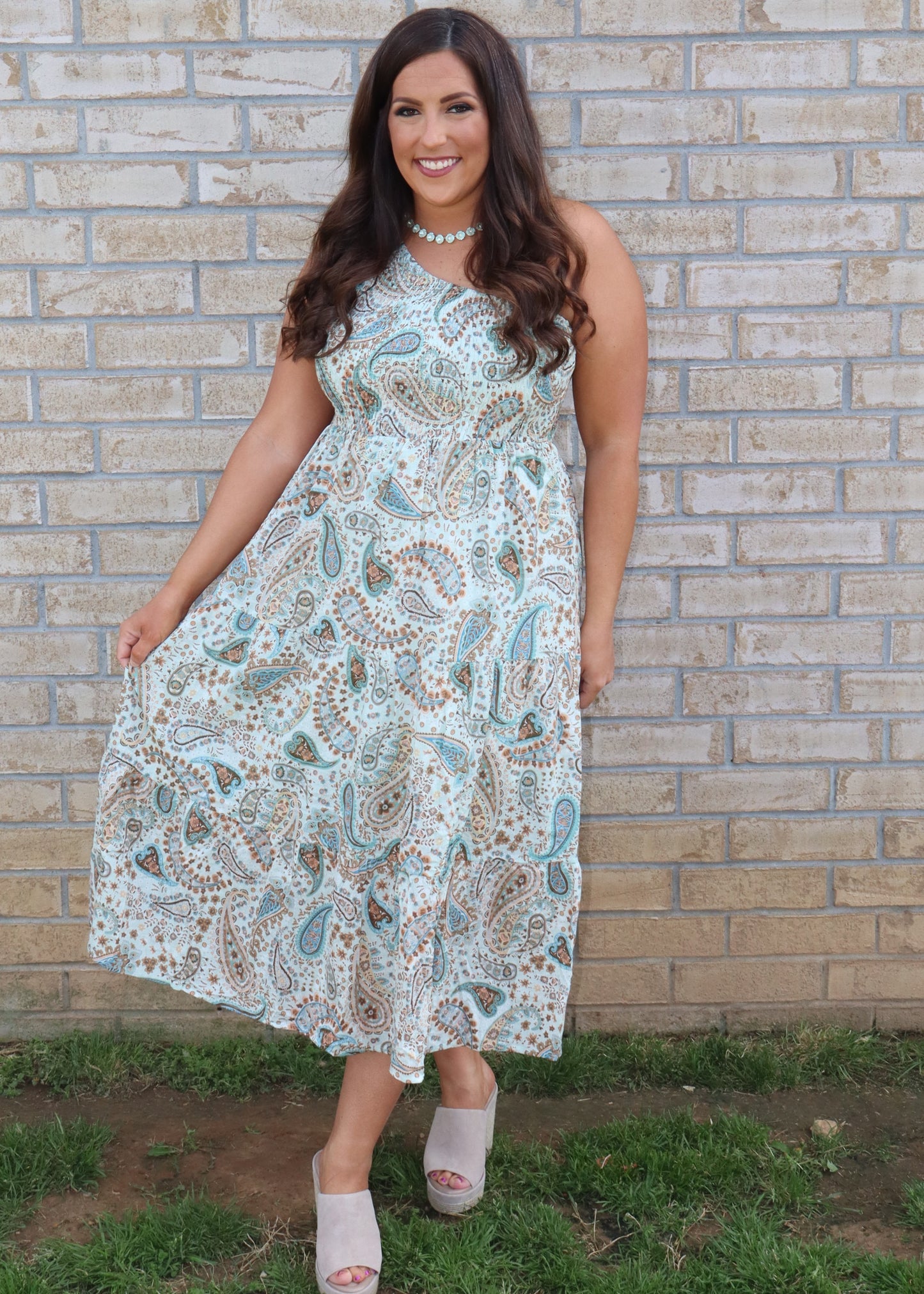 One shoulder Paisley Midi Dress - Mint