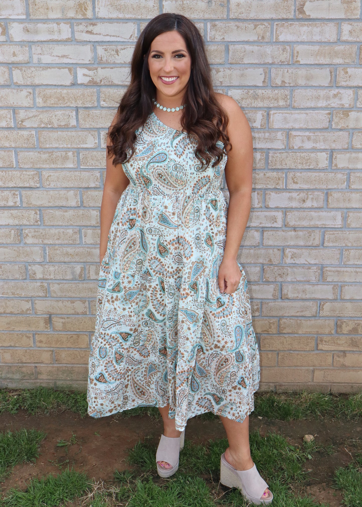 One shoulder Paisley Midi Dress - Mint