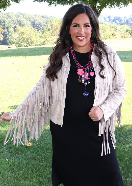 Party On Fringe Suede Jacket - Beige