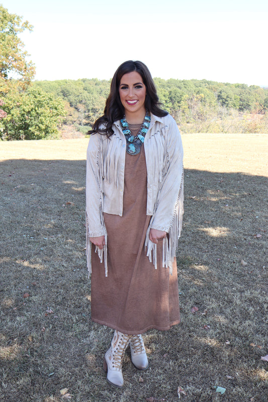 Party On Fringe Suede Jacket - Beige