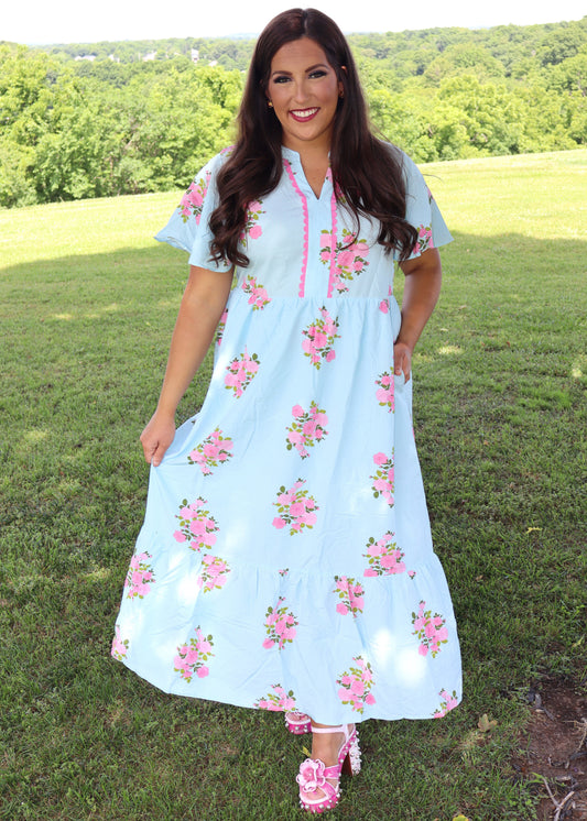 Passion Petals Maxi Dress - Sky Blue